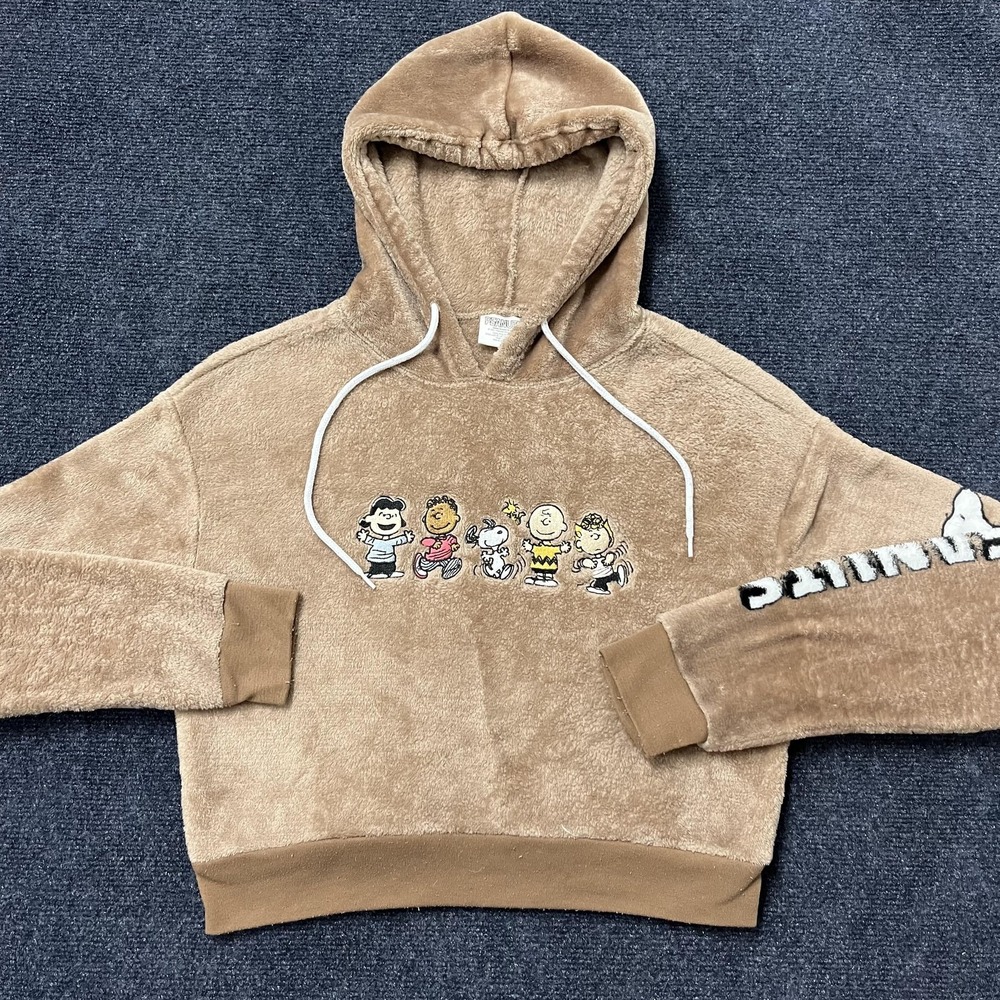 Peanuts Hoodie Womens Medium Brown Fuzzy Sherpa Snoopy Charlie Brown Cropped